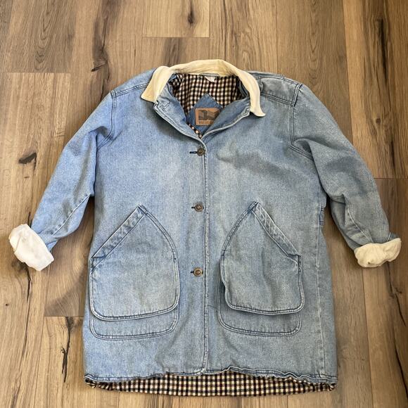 Vintage Other - Vintage Blanket Lined Light Wash Denim Barn Chore Jacket Coat Large Read Stain